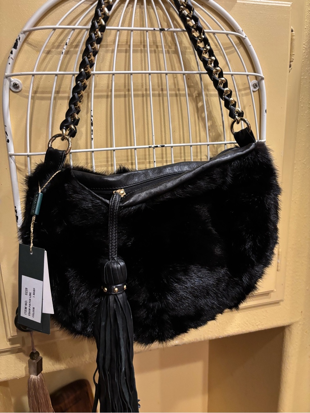 Black Mink  Fur Shoulder Bag with Tassel - Paolo Masi